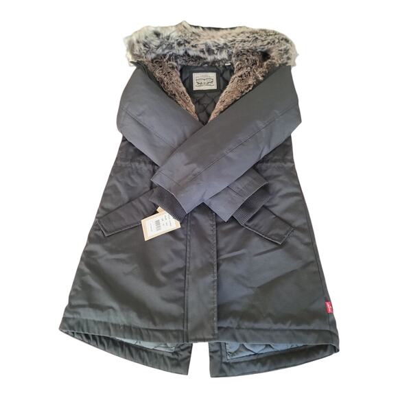 Levi's Black Arctic Cloth Shortie Parka Jacket with Faux Fur Hood Women's XS NWT - Picture 9 of 15